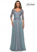 Picture of: Satin Three Quarter Sleeve Dress with V-Neckline in Slate Blue, Style: 28106, Detail Picture 2
