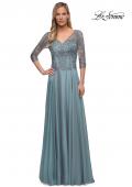 Picture of: Chiffon Dress with Sheer Lace Three-Quarter Sleeves in Slate Blue, Detail Picture 2