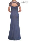 Picture of: Embroidered Lace Sleeve Gown with Keyhole Back in Slate Blue, Style: 33579, Detail Picture 2
