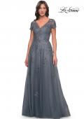 Picture of: A-Line Tulle Gown with Lace Applique and Short Sleeves in Slate Blue, Style: 30228, Detail Picture 3