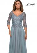 Picture of: Satin Three Quarter Sleeve Dress with V-Neckline in Slate Blue, Style: 28106, Detail Picture 6