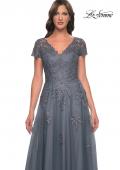 Picture of: A-Line Tulle Gown with Lace Applique and Short Sleeves in Slate Blue, Style: 30228, Detail Picture 6