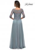Picture of: Satin Three Quarter Sleeve Dress with V-Neckline in Slate Blue, Style: 28106, Detail Picture 7