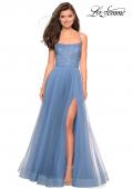 Picture of: Long A Line Tulle Prom Dress with Beading in Slate Blue, Style: 27668, Main Picture