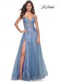 Picture of: Gorgeous Beaded Lace Applique Gown with Illusion Bodice in Slate Blue, Style: 32057, Detail Picture 3
