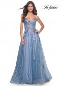 Picture of: Gorgeous Beaded Lace Applique Gown with Illusion Bodice in Slate Blue, Style: 32057, Detail Picture 7