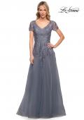 Picture of: Lace and Tulle A-line Evening Gown with Cap Sleeve in Blue, Style: 29164, Detail Picture 7