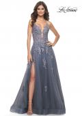 Picture of: Tulle A-line Dress with Jeweled Lace Appliques and Slit in Slate, Style: 31472, Main Picture
