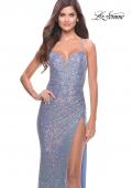 Picture of: Sequin Prom Dress with Ruching and Open Tie Back in Slate, Style: 31349, Detail Picture 1