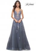 Picture of: Tulle A-line Dress with Jeweled Lace Appliques and Slit in Slate, Style: 31472, Detail Picture 1