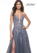 Picture of: Tulle A-line Dress with Jeweled Lace Appliques and Slit in Slate, Style: 31472, Detail Picture 3