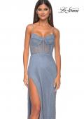 Picture of: Fishnet Rhinestone Fitted Dress with Bustier Top and High Neckline in Slate, Style: 32227, Detail Picture 5