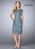 Picture of: Short Metallic Lace Dress with Sheer Top and Hem in Slate Blue, Style: 24861, Main Picture