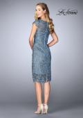 Picture of: Short Metallic Lace Dress with Sheer Top and Hem in Slate Blue, Style: 24861, Back Picture