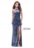 Picture of: Crushed Velvet Prom Dress with High Neckline and Leg Slit in Slate Blue, Style: 25734, Detail Picture 3