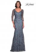 Picture of: Long Fitted Lace Dress with V Neckline and Sheer Sleeves in Smoky Blue, Style: 30130, Main Picture