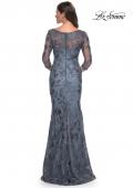 Picture of: Long Fitted Lace Dress with V Neckline and Sheer Sleeves in Smoky Blue, Style: 30130, Back Picture