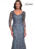 Picture of: Long Fitted Lace Dress with V Neckline and Sheer Sleeves in Smoky Blue, Style: 30130, Detail Picture 3