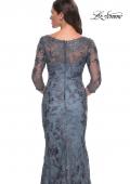 Picture of: Long Fitted Lace Dress with V Neckline and Sheer Sleeves in Smoky Blue, Style: 30130, Detail Picture 4