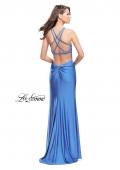 Picture of: High Neck Long Form Fitting Gown with Ruching in Smoky Blue, Style: 26141, Detail Picture 2