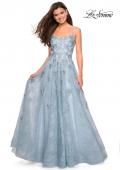 Picture of: Floor Length Lace Dress with Criss Cross Open Back in Steel Blue, Style: 27448, Detail Picture 1