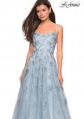 Picture of: Floor Length Lace Dress with Criss Cross Open Back in Steel Blue, Style: 27448, Detail Picture 2