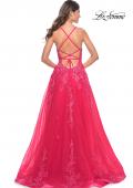 Picture of: Beautiful Lace Embellished A-Line Tulle Prom Dress with Deep V in Strawberry, Style: 32062, Detail Picture 9