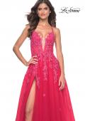 Picture of: Beautiful Lace Embellished A-Line Tulle Prom Dress with Deep V in Strawberry, Style: 32062, Detail Picture 18