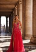 Picture of: Beautiful Lace Embellished A-Line Tulle Prom Dress with Deep V in Strawberry, Style: 32062, Detail Picture 2
