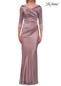 Picture of: Satin Three Quarter Sleeve Draped Evening Gown in Taupe, Style: 33408, Detail Picture 9