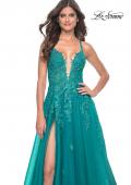 Picture of: Beautiful Lace Embellished A-Line Tulle Prom Dress with Deep V in Teal, Style: 32062, Detail Picture 10