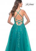 Picture of: Beautiful Lace Embellished A-Line Tulle Prom Dress with Deep V in Teal, Style: 32062, Detail Picture 11
