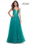 Picture of: Beautiful Lace Embellished A-Line Tulle Prom Dress with Deep V in Teal, Style: 32062, Detail Picture 12