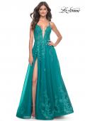 Picture of: Beautiful Lace Embellished A-Line Tulle Prom Dress with Deep V in Teal, Style: 32062, Detail Picture 4
