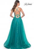 Picture of: Beautiful Lace Embellished A-Line Tulle Prom Dress with Deep V in Teal, Style: 32062, Detail Picture 5