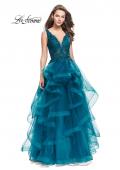 Picture of: Long Ball Gown with Cascading Ruffle Skirt and Lace in Teal, Style: 25982, Main Picture