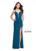 Picture of: Open Strappy Back Long Prom Dress with Deep V in Teal, Style: 26023, Main Picture