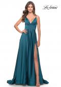 Picture of: A-Line Satin Gown with Ruched Bodice and V Neck in Teal, Style: 31505, Main Picture