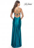 Picture of: Fitted Liquid Jersey Dress with High Slit and Open Back in Teal, Style: 31208, Detail Picture 9