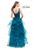 Picture of: Long Ball Gown with Cascading Ruffle Skirt and Lace in Teal, Style: 25982, Back Picture