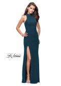 Picture of: Sparkly Jersey Long Dress with High Neckline and Front Slit in Teal, Style: 25404, Detail Picture 1