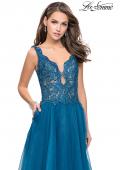 Picture of: Long A-line Prom Dress with Beaded Lace Bodice in Teal, Style: 25970, Detail Picture 1