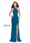 Picture of: Sheer Beaded Prom Dress with High Neck and Cut Outs in Teal, Style: 26060, Detail Picture 1