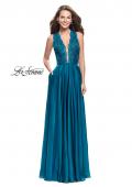 Picture of: Long A-line Dress with Chiffon Skirt and Strappy Details in Teal, Style: 25487, Detail Picture 2