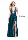 Picture of: Two Tone A-line Gown with Lace Bodice and Leg Slit in Teal, Style: 25907, Detail Picture 2
