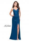Picture of: Satin Prom Dress with Ruching and Open Strappy Back in Teal, Style: 26036, Detail Picture 3