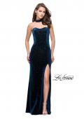 Picture of: Long Strapless Velvet Prom Gown with Cascading Beads in Teal, Style: 26239, Detail Picture 2