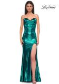 Picture of: Pretty Metallic Jersey Ruched Dress with Sweetheart Neckline in Teal , Style 32806, Detail Picture 7