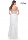 Picture of: Feather Prom Gown with High Slit and Full Rhinestone Strapless Bodice in White Feather, Style: 32165, Back Picture