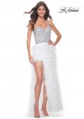 Picture of: Feather Prom Gown with High Slit and Full Rhinestone Strapless Bodice in White Feather, Style: 32165, Detail Picture 3